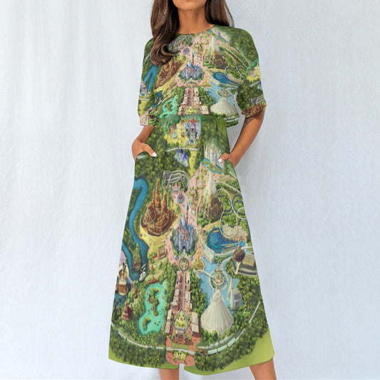 Colorful Theme Park Map - Women’s Elastic Waist Pocket Midi Dress