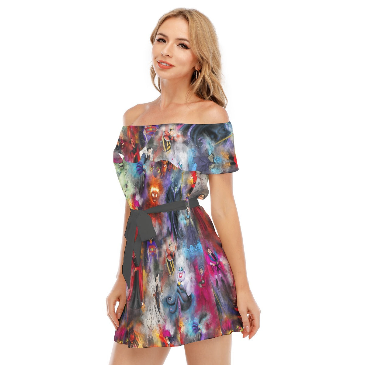 Watercolor Wicked Villains - Women's Off-shoulder Ruffle Dress