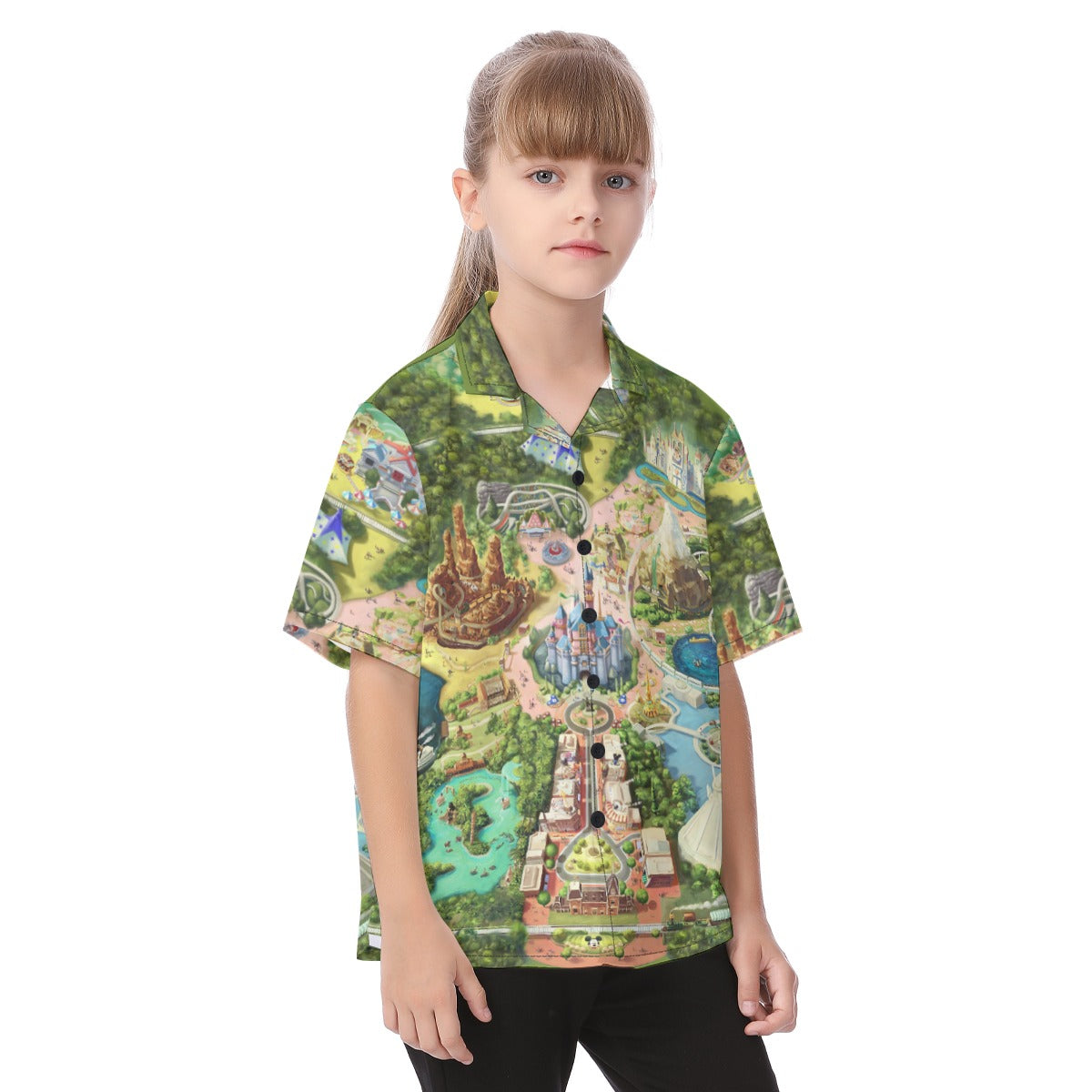 Colorful Theme Park Map - Kid's Hawaiian Button Up Shirt