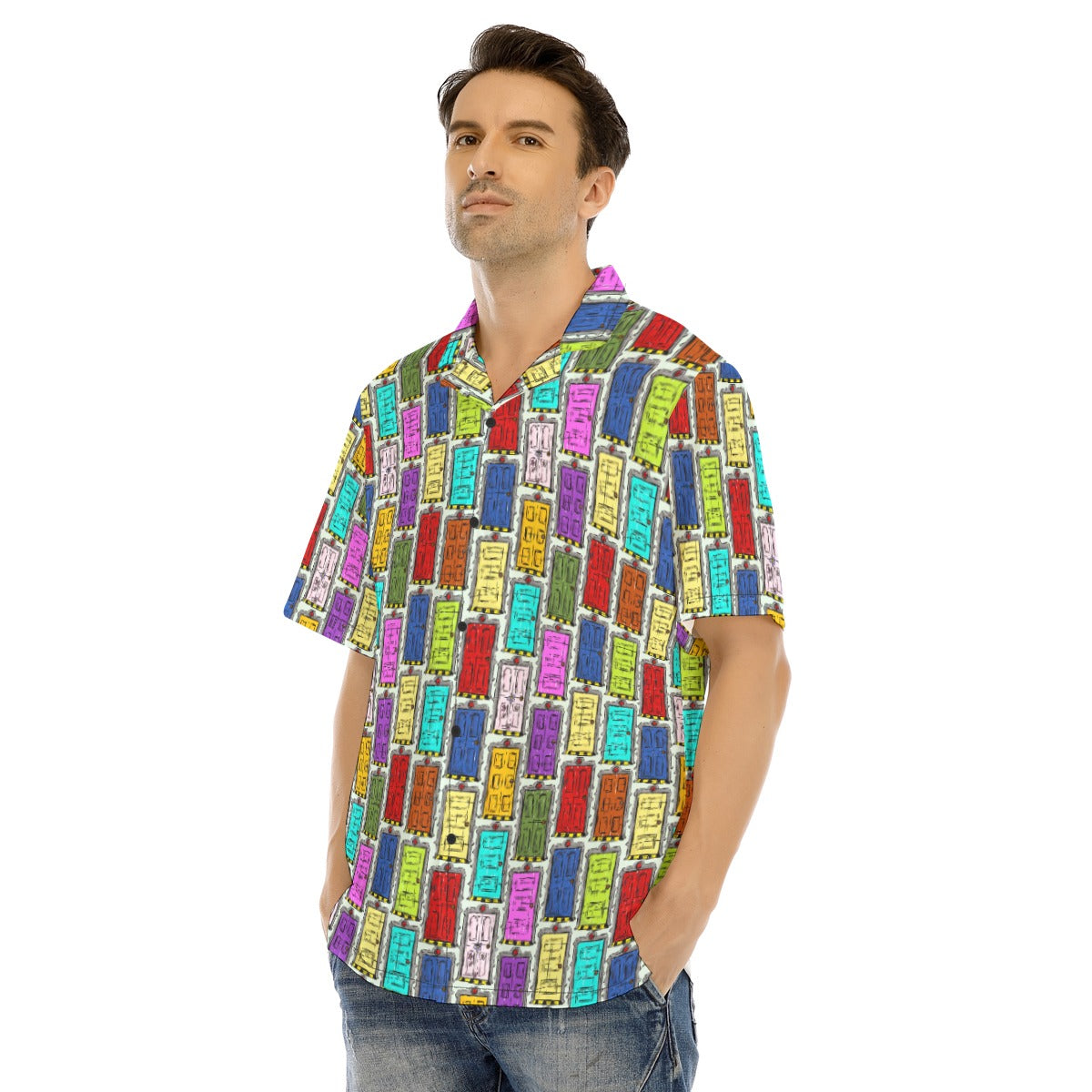 Sketchy Scare Doors - Men's Hawaiian Button Up Shirt
