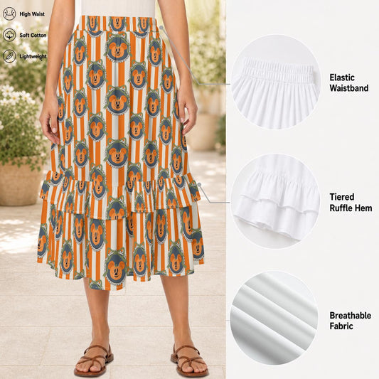 Pumpkin Cameo Stripes - Women’s Boho Ruffle Midi Skirt with Pockets