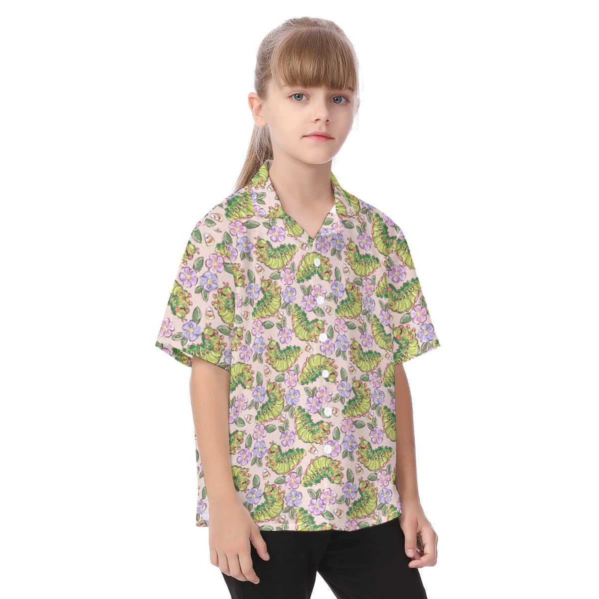 Cheerful Caterpillar Garden - Kid's Hawaiian Button Up Shirt