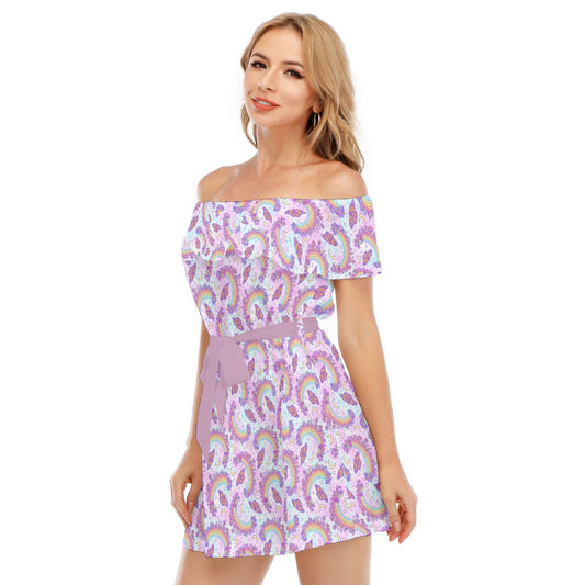 Monarch Butterflies & Rainbows - Women's Off-shoulder Ruffle Dress