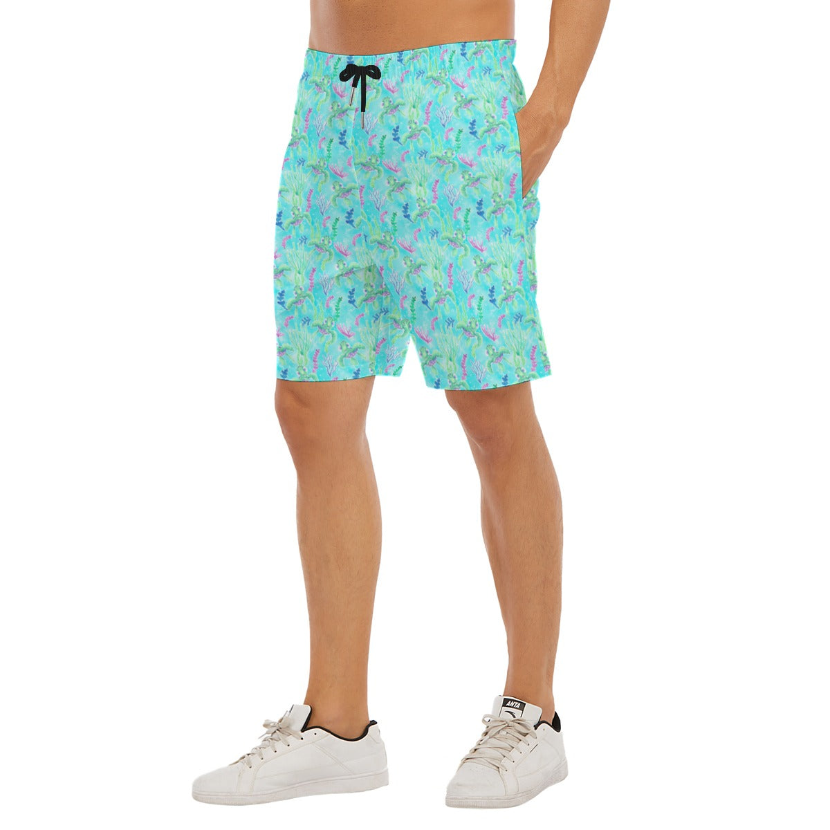 Neon Floral Baby Turtle - Men’s Pocket Beach Shorts