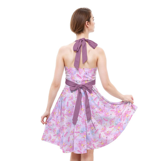 Pink Crystal Lunar Moths - Women's Halter Vintage Pocket Dress