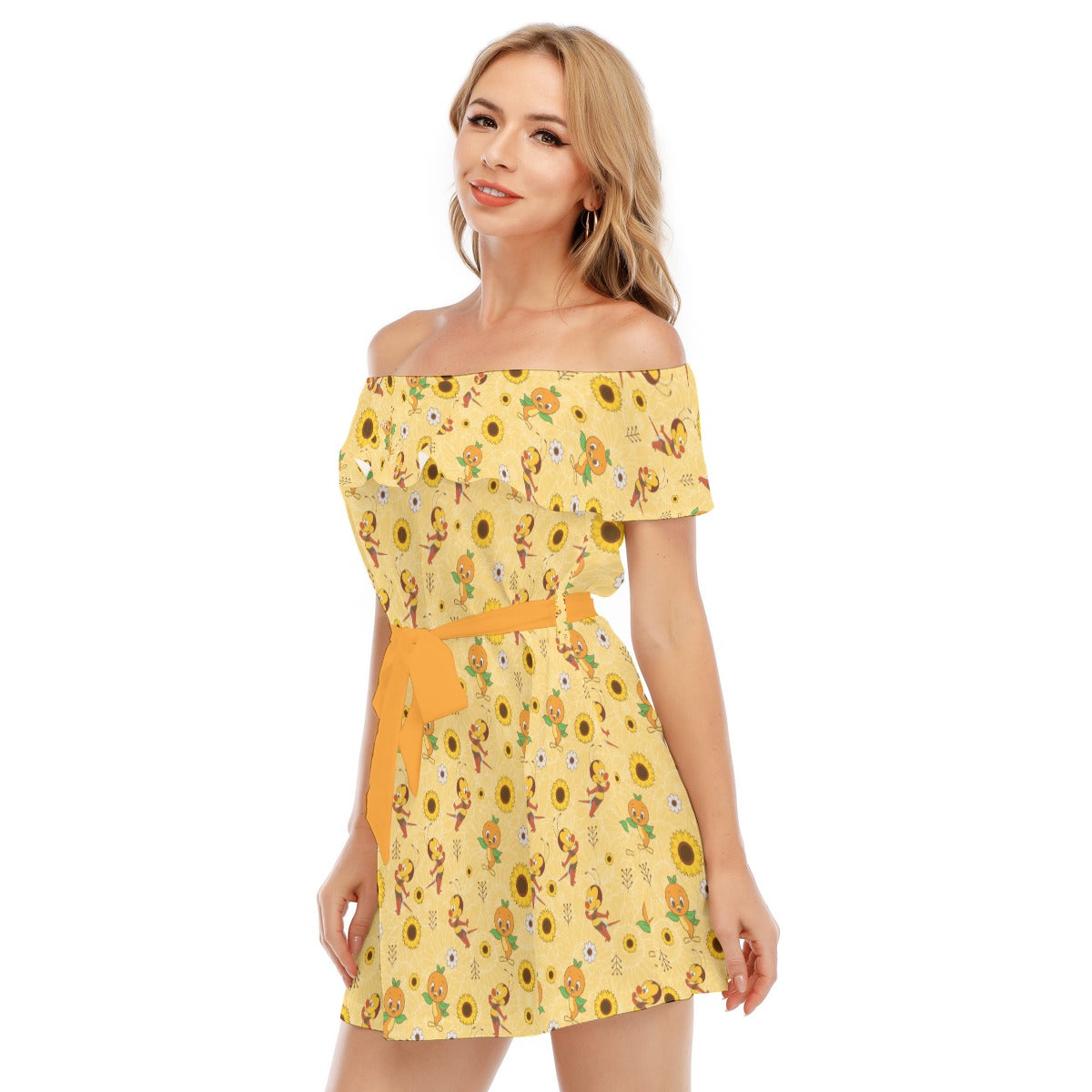 Cheerful Bee & Citrus Bird - Women's Off-shoulder Ruffle Dress