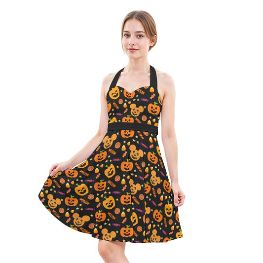 Cheerful Pumpkin Mouse Halloween - Women's Halter Vintage Pocket Dress
