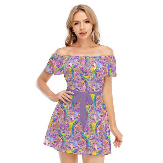 Figment Watercolor Rainbow - Women's Off-shoulder Ruffle Dress