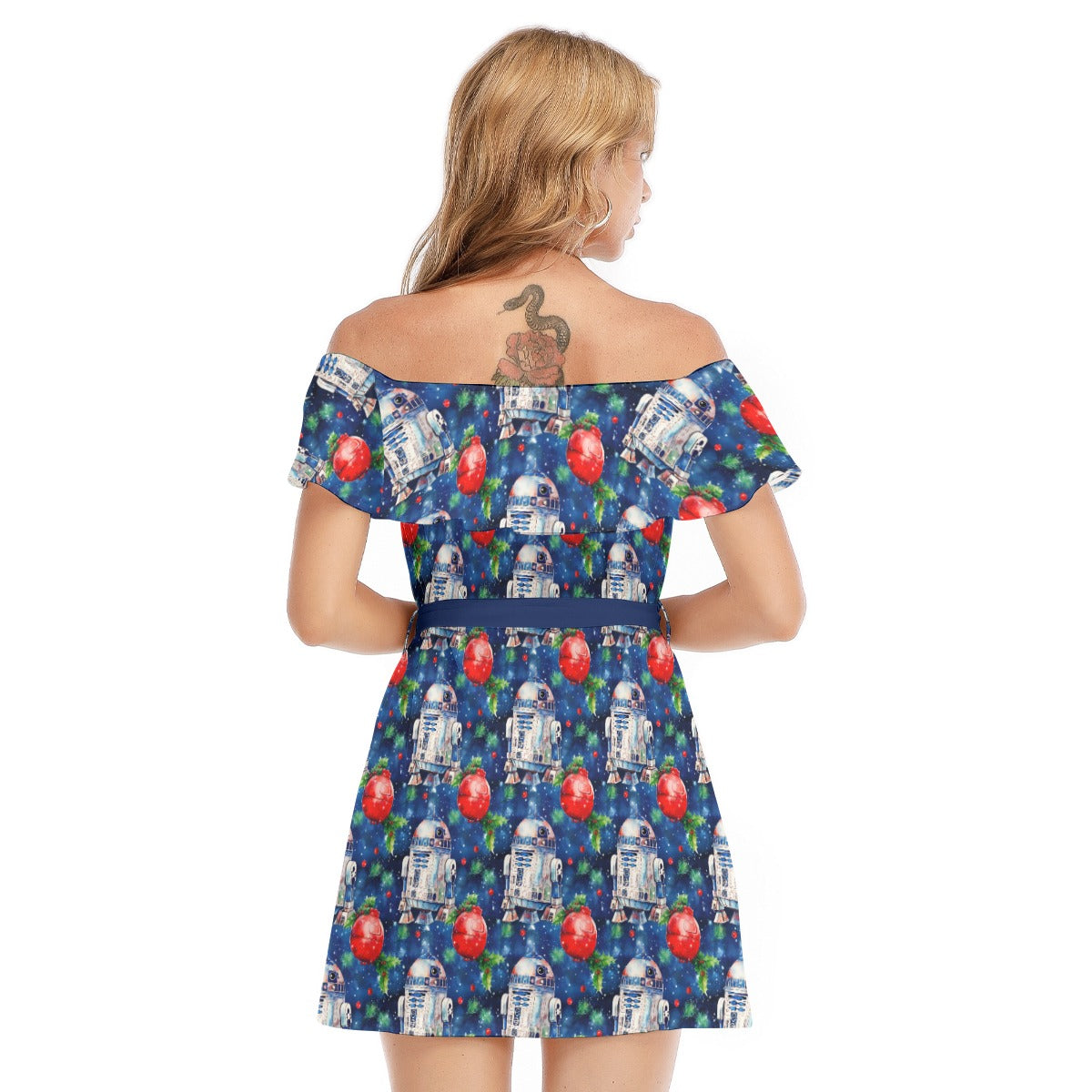 Little Blue Christmas Droid - Women's Off-shoulder Ruffle Dress