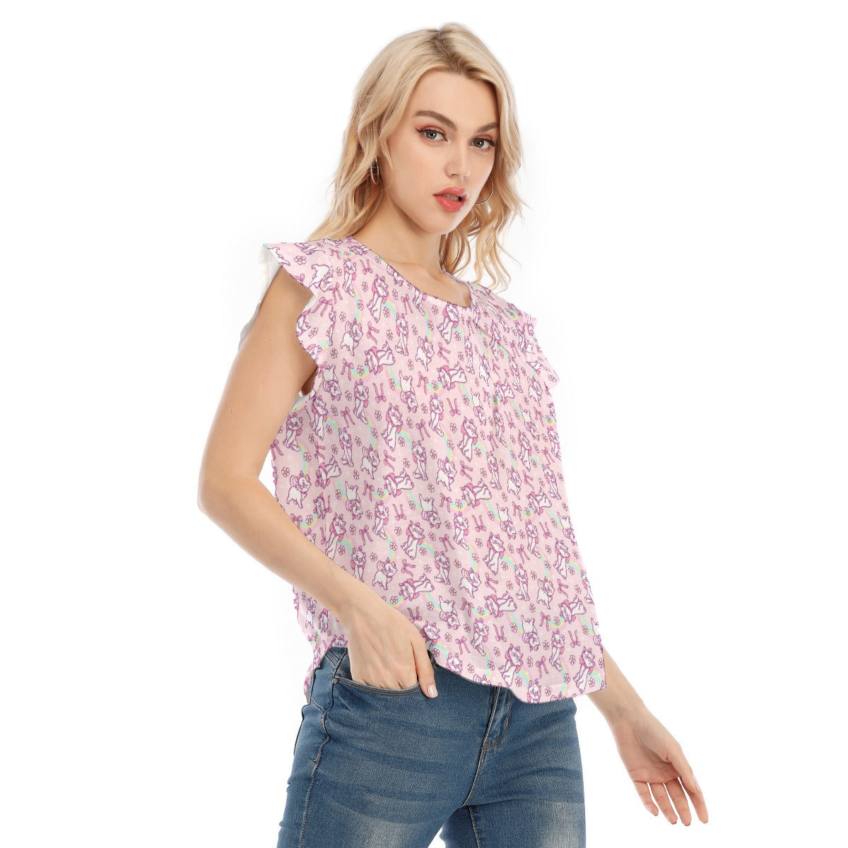 Rainbow Bow Kitty - Women’s Flutter Sleeve Top