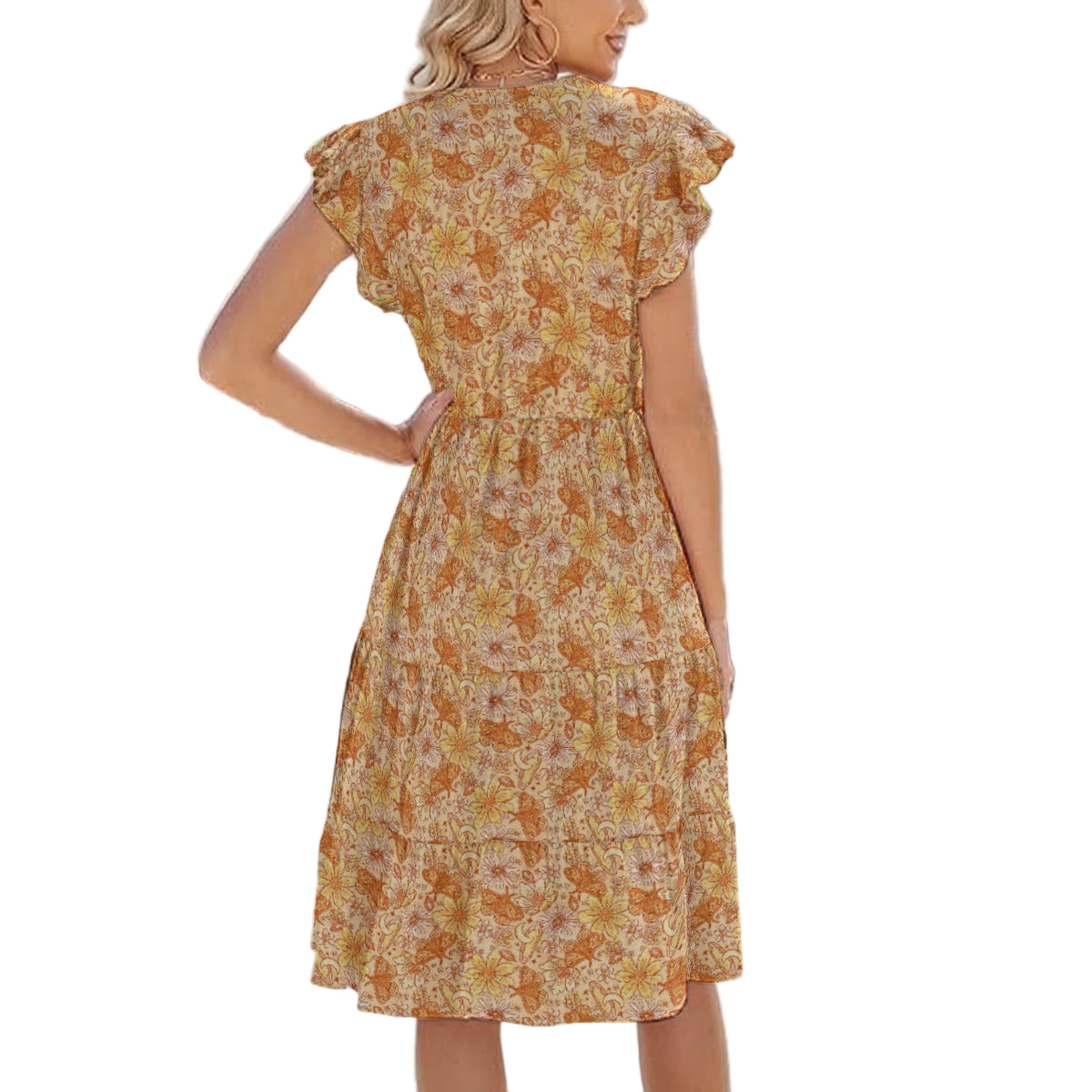 Orange Crystal Moths - Women's Tiered Pocket Midi Dress