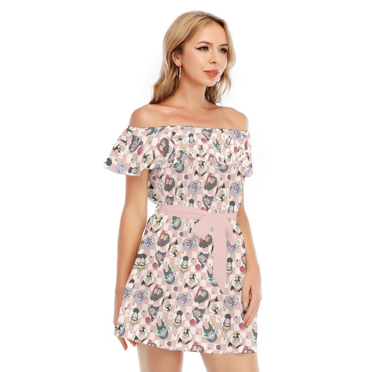 Pink Checkerboard Villains - Women's Off-shoulder Ruffle Dress