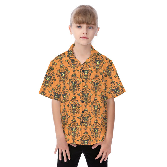 Haunted Halloween Mansion Wallpaper - Kid's Hawaiian Button Up Shirt