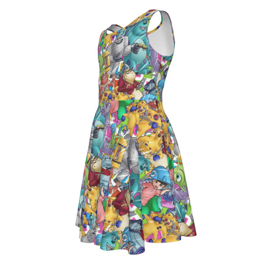 Monster Mayhem Sketched - Kid's Sleeveless Skater Dress