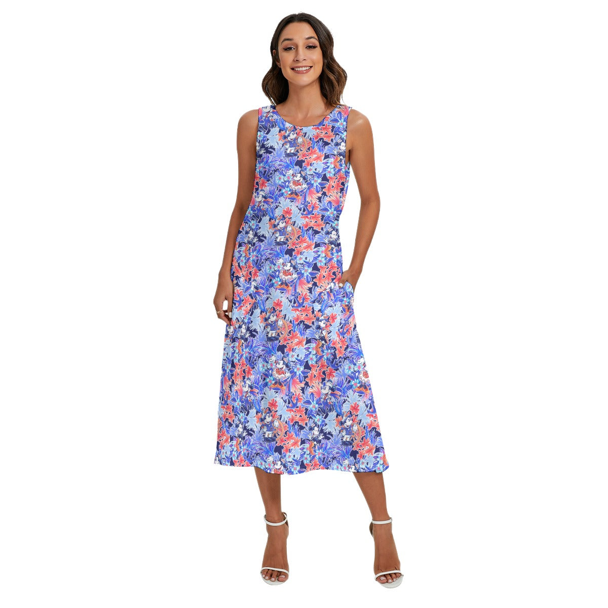 Navy Blooms Cruise - Women’s Diagonal Pocket Midi Dress