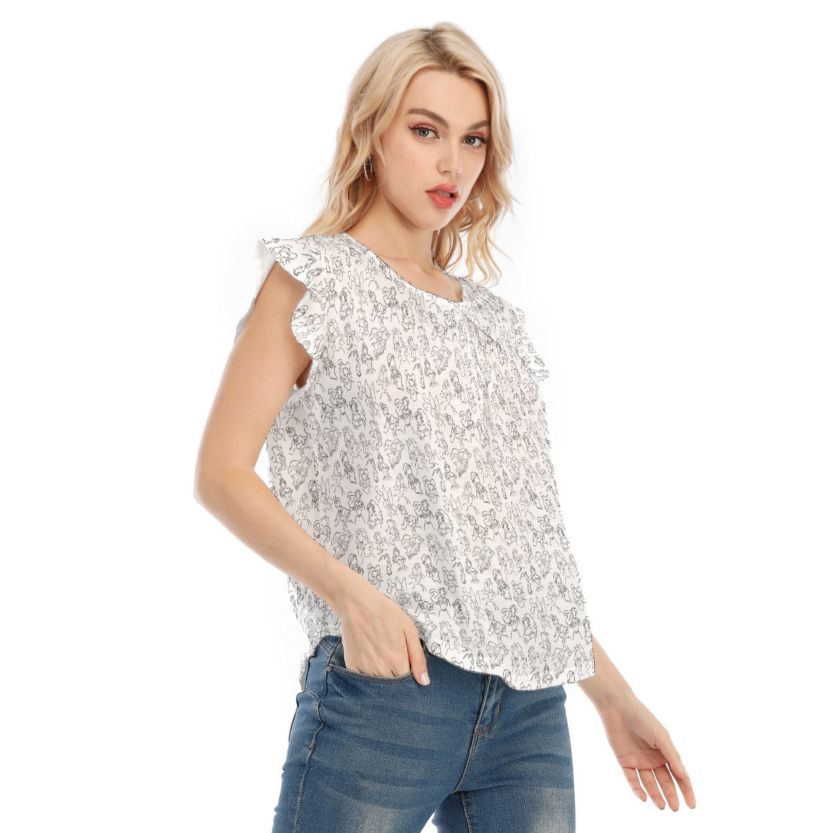 Monochrome Royal Silhouettes - Women’s Flutter Sleeve Top