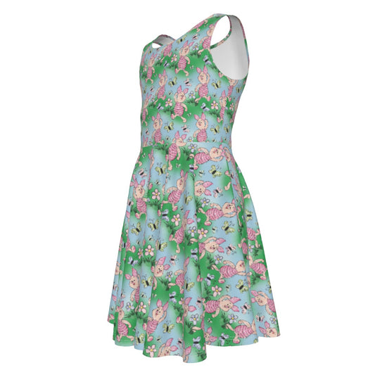 Sketched Shy Friend and Butterflies - Kid's Sleeveless Skater Dress