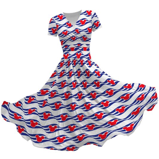 Nautical Cruise Logo Print - Women's V-Neck Ruched Midi Dress