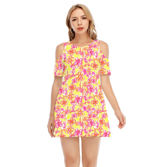 Neon Tropical Floral Friendsends - Women's Cold Shoulder Cotton Dress