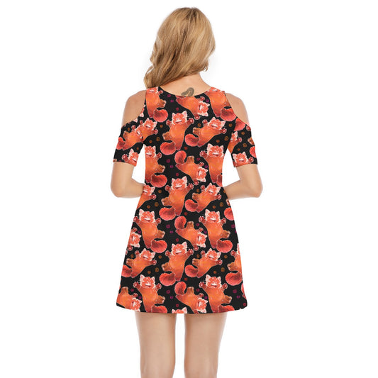 Scribbly Red Panda - Women's Cold Shoulder Cotton Dress