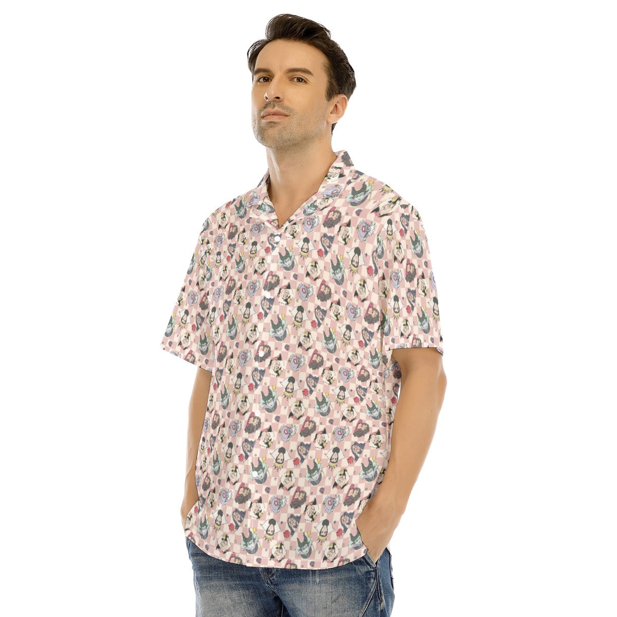 Pink Checker Disney Villains - Men's Hawaiian Button Up Shirt