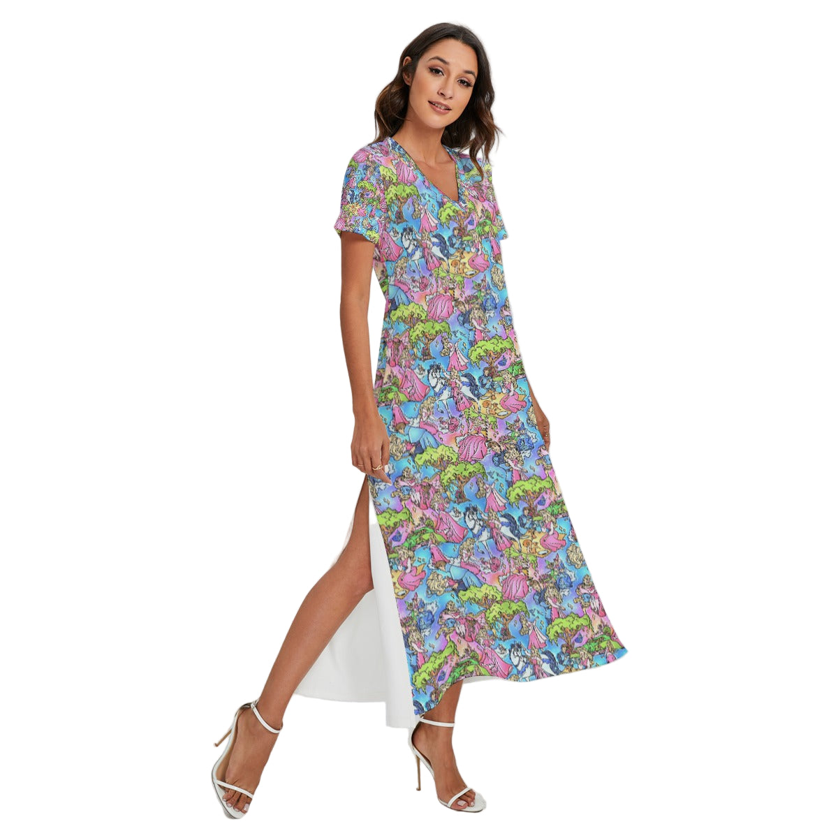 Dreaming Princess Storybook Scenes - Women's V-Neck Side Split Maxi Dress