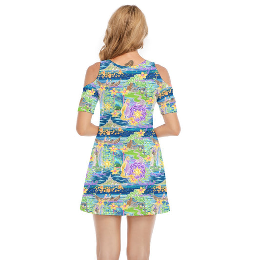 Lantern Festival Glow - Women's Cold Shoulder Cotton Dress