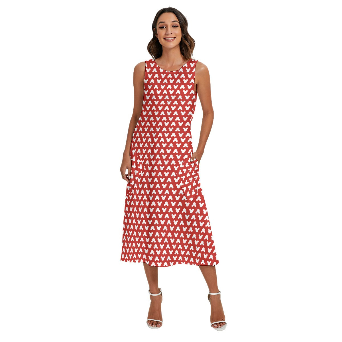 Playful Polka Dot Ears Red - Women’s Diagonal Pocket Midi Dress
