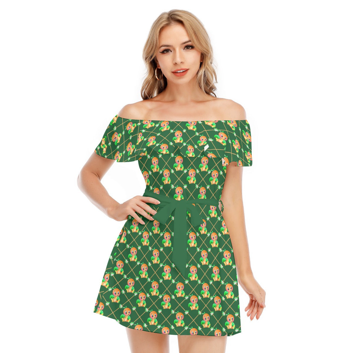 Geometric Citrus Delight - Women's Off-shoulder Ruffle Dress