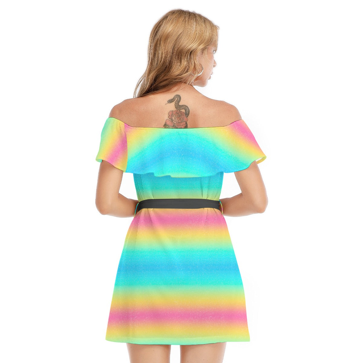 Rainbow Ombre - Women's Off-shoulder Ruffle Dress