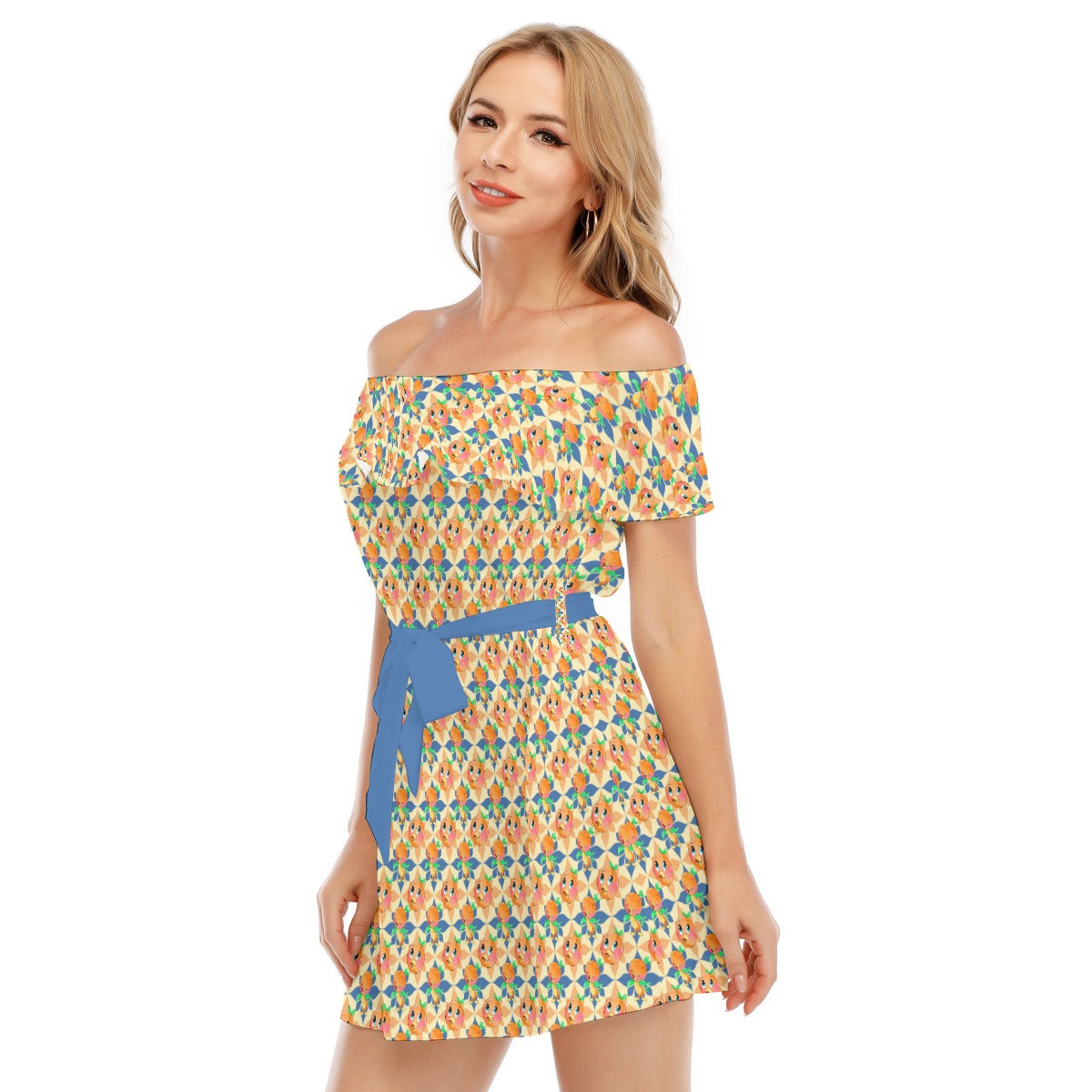 Retro Citrus Play - Women's Off-shoulder Ruffle Dress