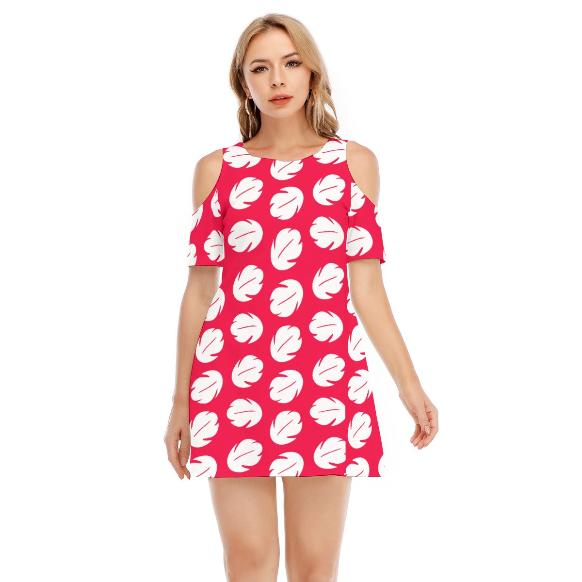Island Leaf Print - Women's Cold Shoulder Cotton Dress