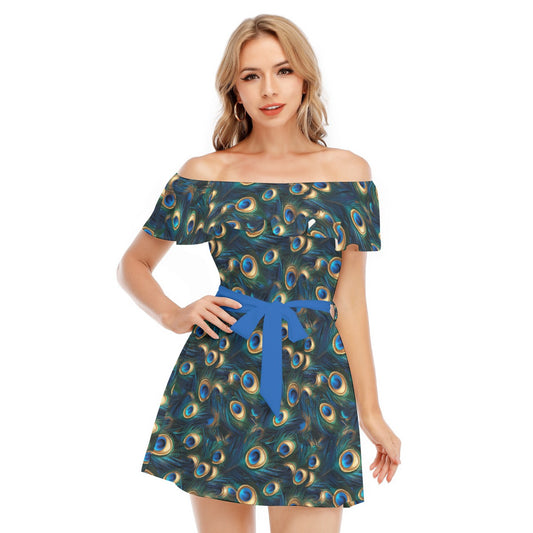 Animal Print - Peacock - Women's Off-shoulder Ruffle Dress