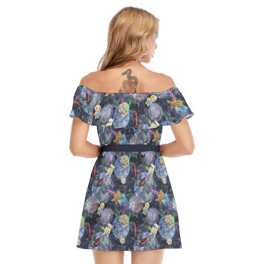 Watercolor Cosmic Battle - Women's Off-shoulder Ruffle Dress