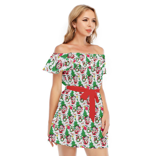 Santa Mouse with Sparkle - Women's Off-shoulder Ruffle Dress