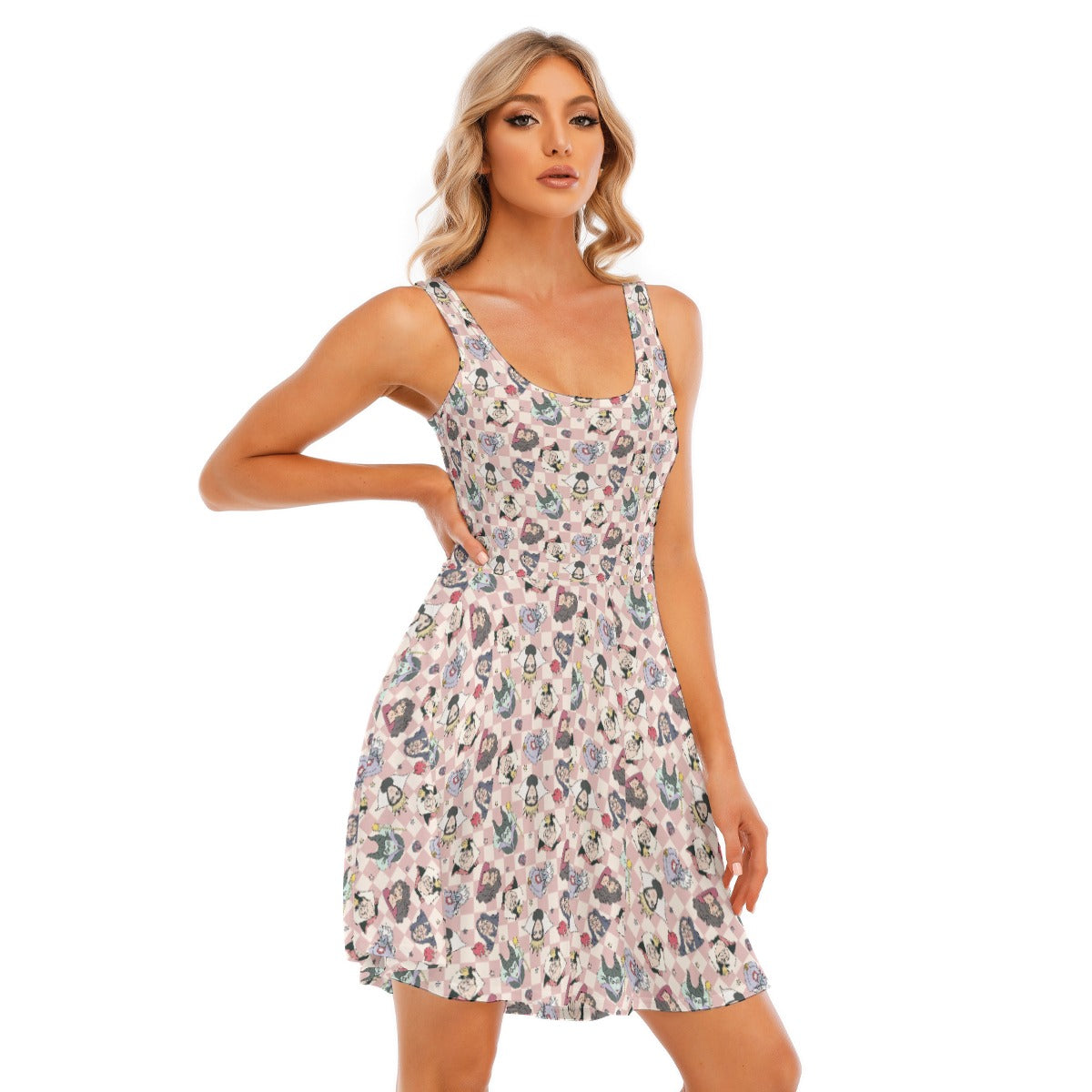 Pink Checkerboard Villains - Women's Sleeveless Pocket Skater Dress