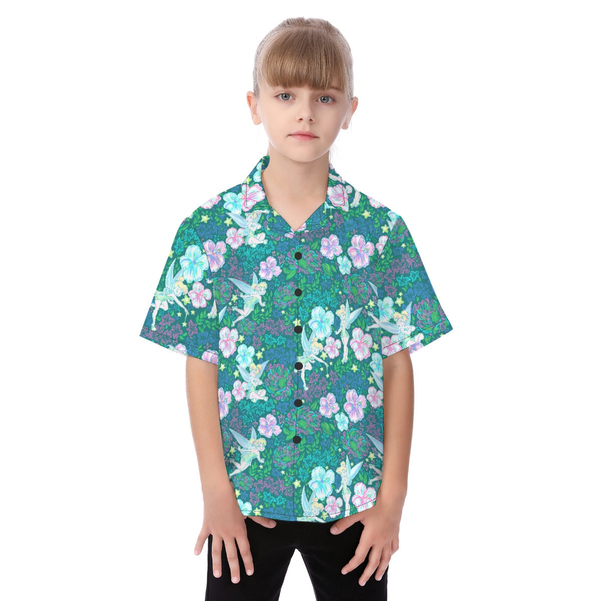 Pixie in Neon Blooms - Kid's Hawaiian Button Up Shirt