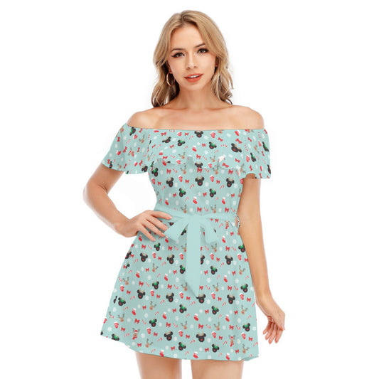 Festive Reindeer Mouse Holiday - Women's Off-shoulder Ruffle Dress