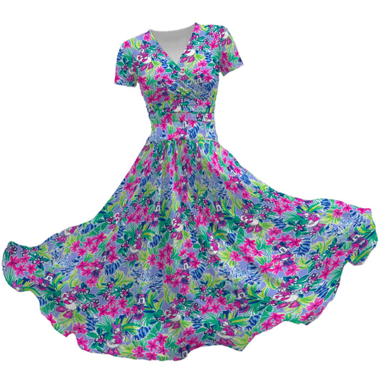 Bright Tropical Bliss - Island Mouse Duo - Women's V-Neck Ruched Midi Dress