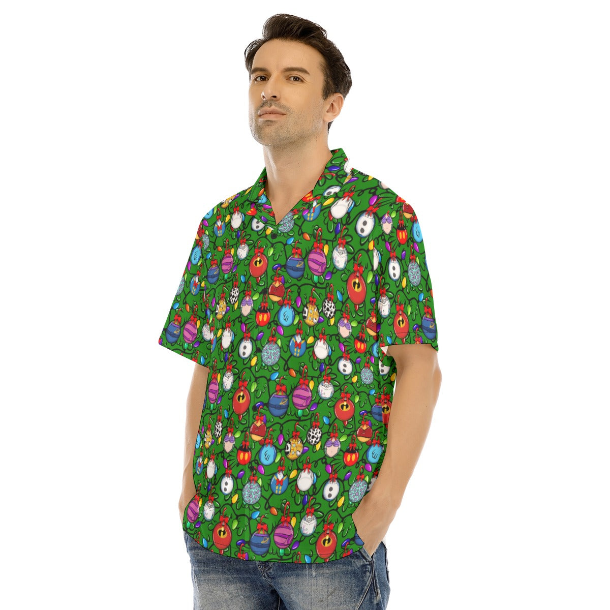 Festive Character Baubles on Green - Men's Hawaiian Button Up Shirt