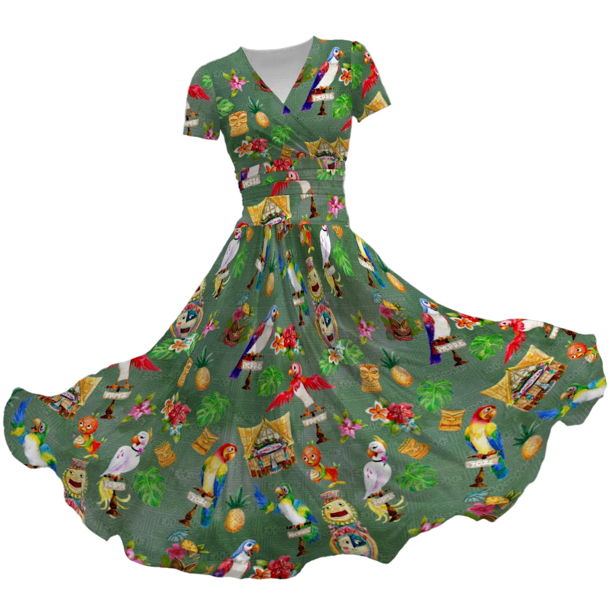 Orange Bird & Tiki Friends - Women's V-Neck Ruched Midi Dress