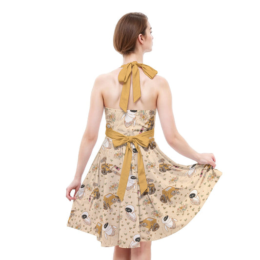 Botanical Robot Love Story - Women's Halter Vintage Pocket Dress
