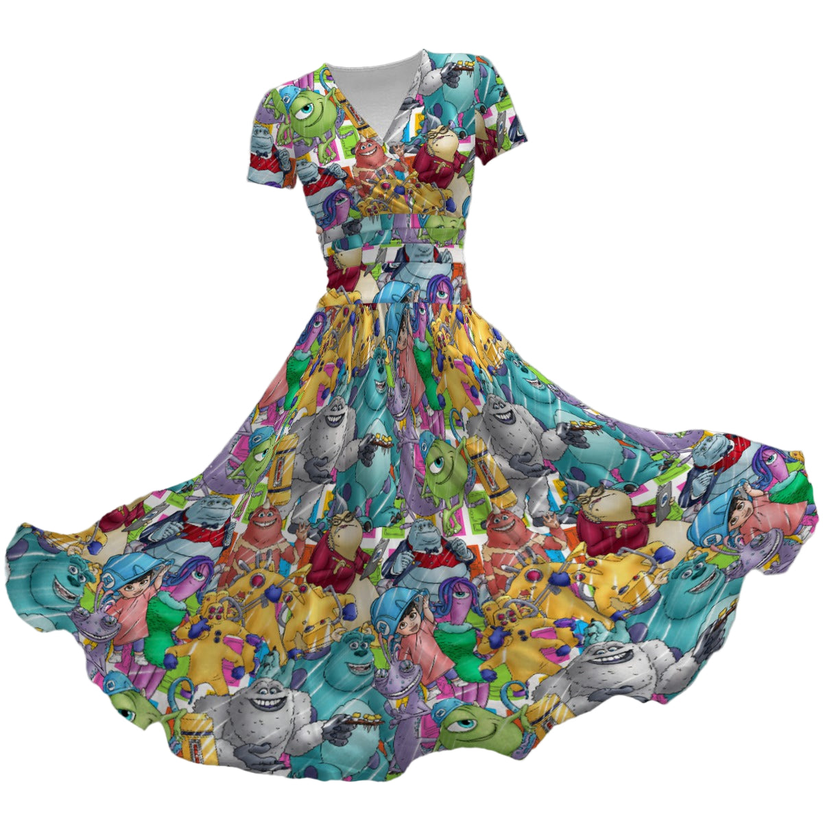 Monster Mayhem Sketched - Women's V-Neck Ruched Midi Dress