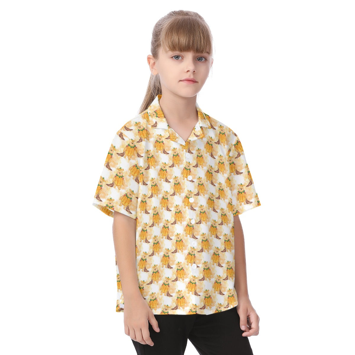 Pumpkin Bear Mischief - Kid's Hawaiian Button Up Shirt