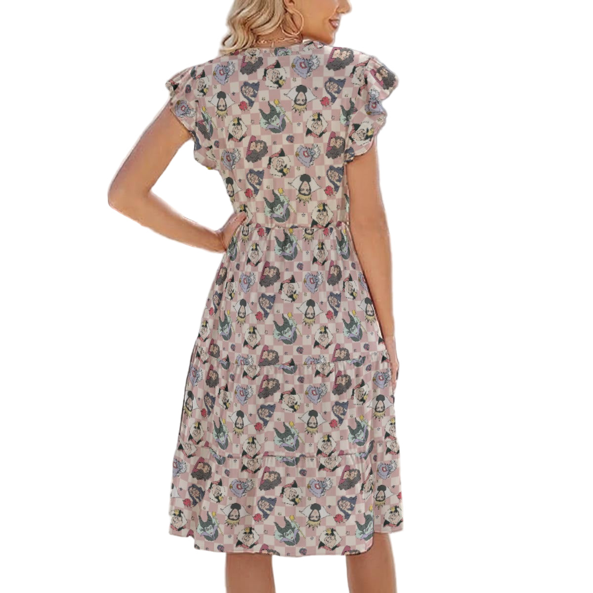 Pink Checkerboard Villains - Women's Tiered Pocket Midi Dress