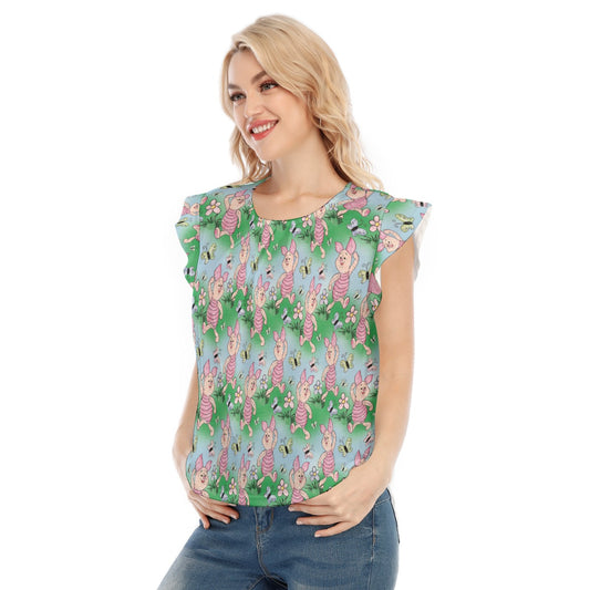 Sketched Shy Friend and Butterflies - Women’s Flutter Sleeve Top