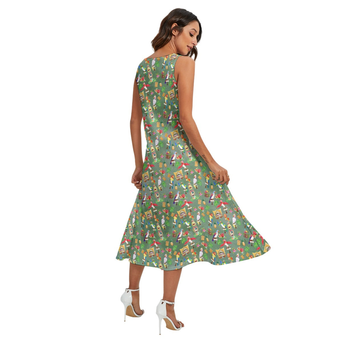 Orange Bird & Tiki Friends - Women’s Diagonal Pocket Midi Dress