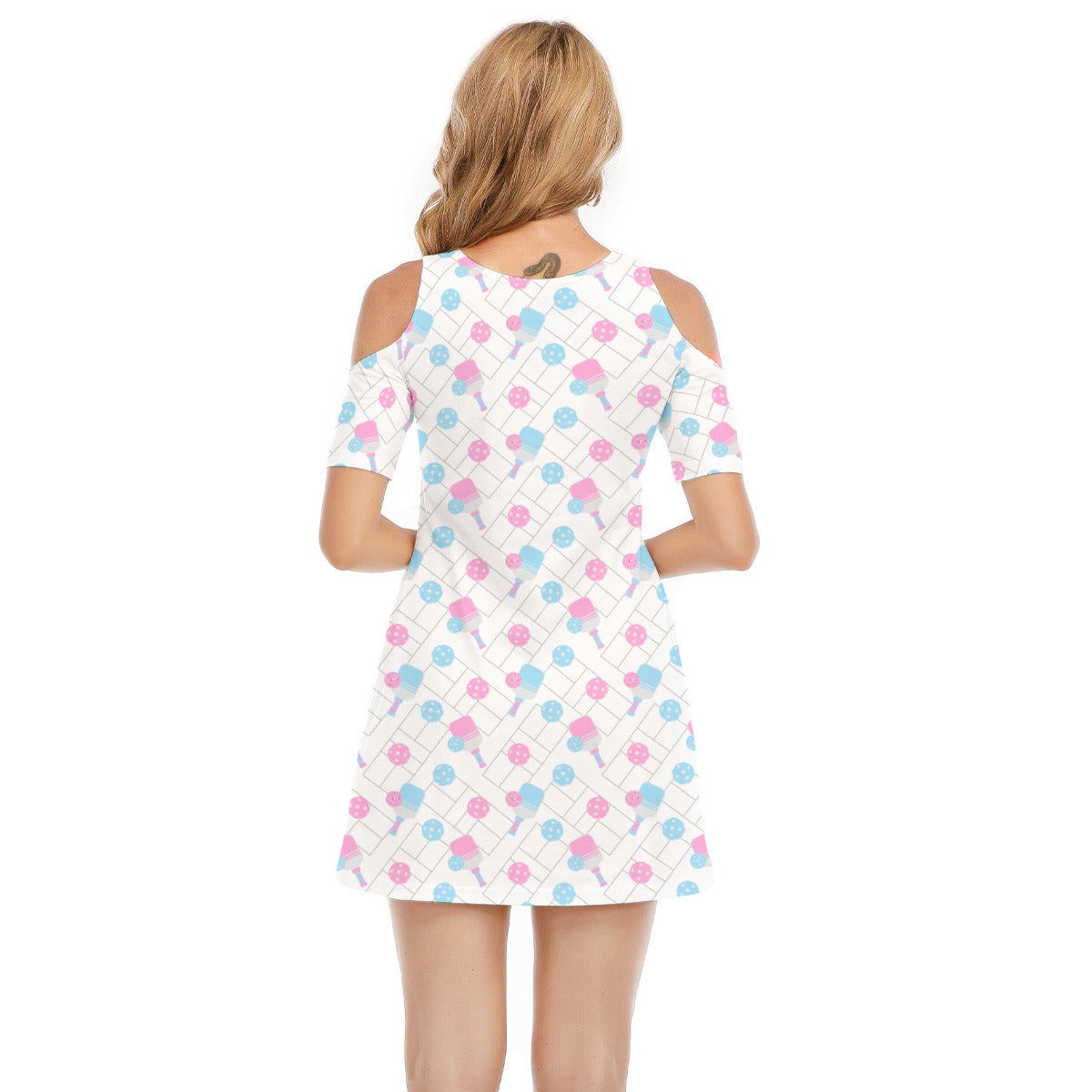 Pickleball Court Spin - Women's Cold Shoulder Cotton Dress