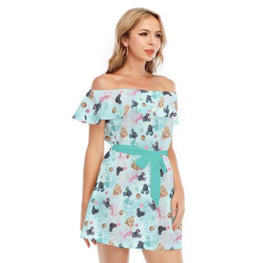 Watercolor Mermaid Mouse Ears - Women's Off-shoulder Ruffle Dress