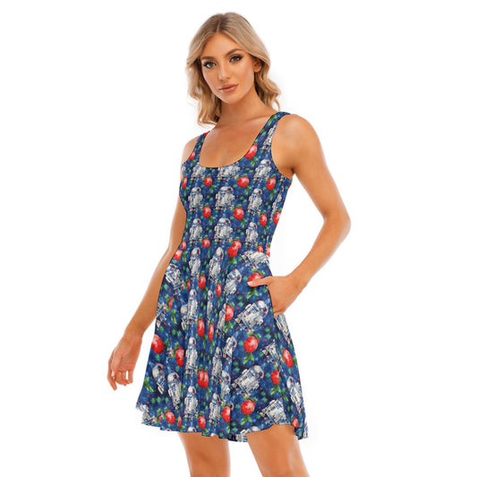 Little Blue Christmas Droid - Women's Sleeveless Pocket Skater Dress